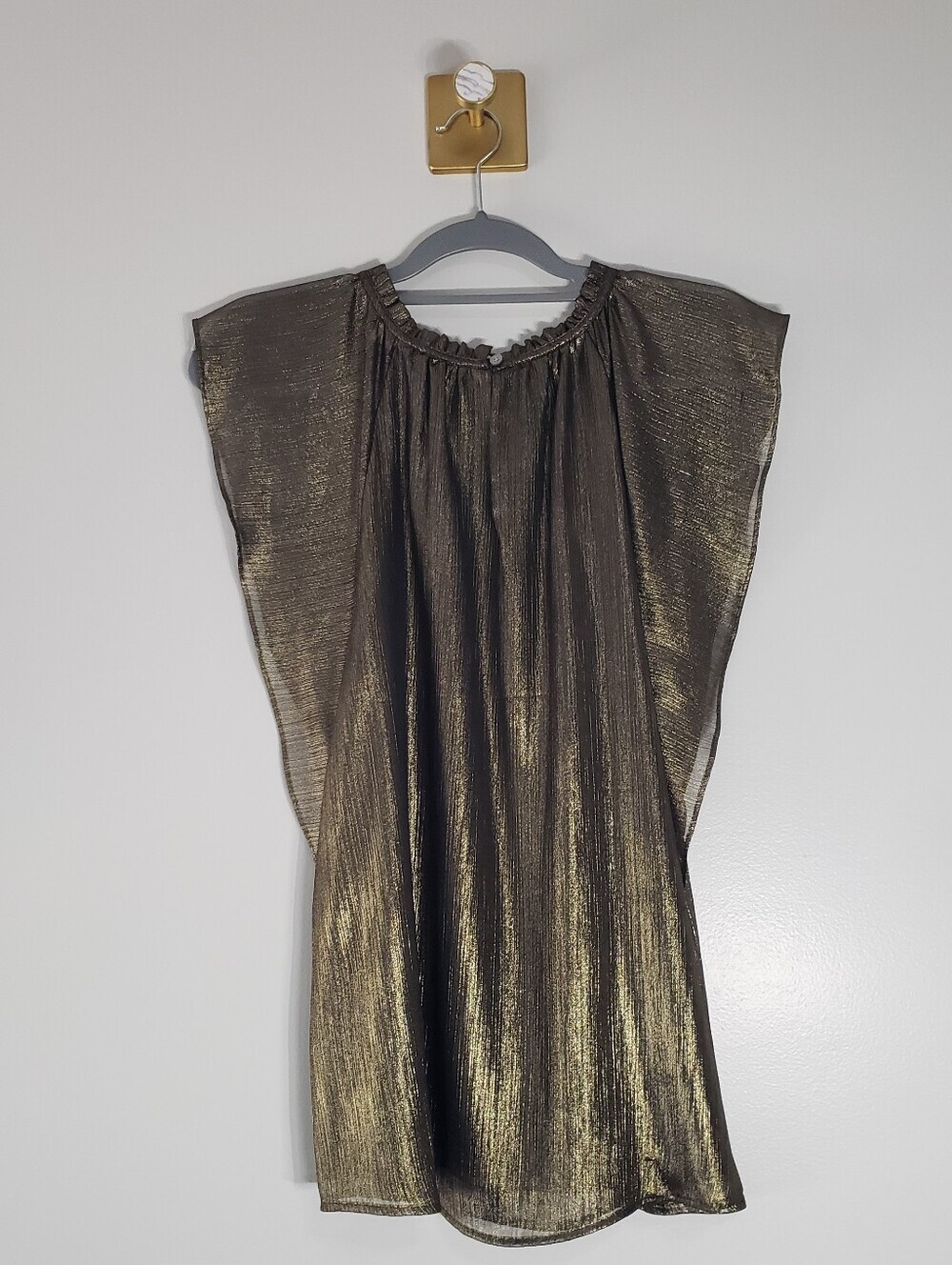 LOFT NWOT Metallic Gold Ruffle Sleeve Blouse XL Wedding Guest New Year's Eve - Picture 5 of 11